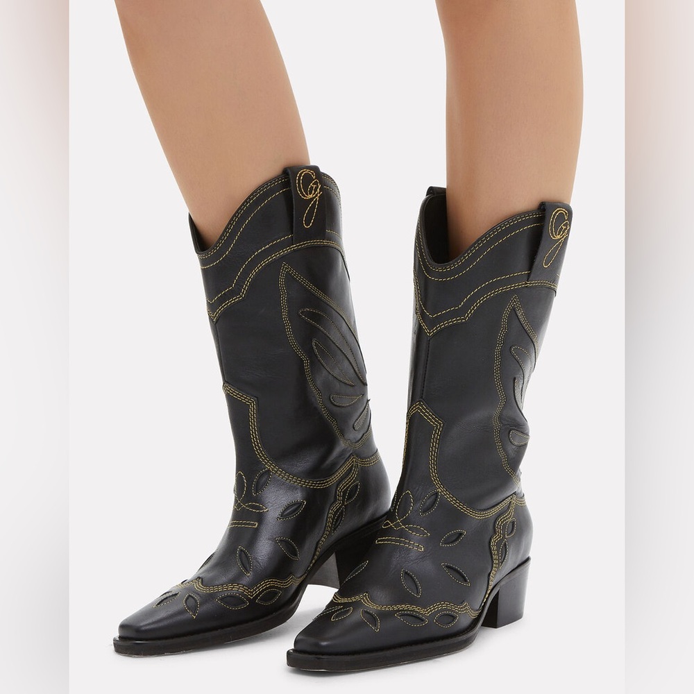 GANNI High Texas Butterfly Western Heeled Cowboy Boots Black Leather Sz 36